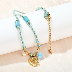 Настоящее золото 18K 304 ожерелья из хлопкового шнура с подвеской в форме ракушки из нержавеющей стали, с синтетической бирюзой и бусинами из искусственного жемчуга ABS, ионное покрытие (ip), реальный 18 k позолоченный, 17.72 дюйм (45 см)