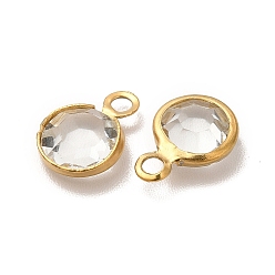 Clear Ion Plating(IP) 304 Stainless Steel with Glass Charms, Real 18K Gold Plated, Faceted Flat Round, Clear, 9.5x6.5x2mm, Hole: 1.5mm