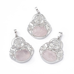 Розовый Кварц Природного розового кварца подвески, прелести будды, со стойкой платинового тона с латунным покрытием, без кадмия и без свинца, 39x32x9.5 мм, отверстие : 8x4.5 мм