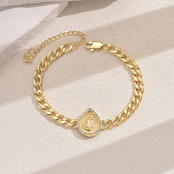 Teardrop Браслеты с латунными звеньями из микропаве из прозрачных кубических цирконий на тему «девственная свадьба», кубинская цепочка ювелирные изделия для женщин, слеза, внутренний диаметр: 7-5/8 дюйм (19.5 см)