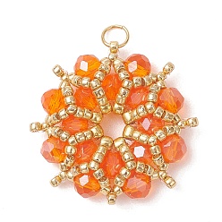 Оранжевый Цвет AB покрытием стеклянные подвески, цветочный шарм, с 304 соединительным кольцом из нержавеющей стали и бисером, граненые, оранжевые, 23x5 мм, отверстие : 3 мм