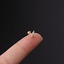 Бабочка Серьги-гвоздики с микропаве из кубического циркония из латуни, с 316 l хирургическими штифтами из нержавеющей стали, золотые, бабочка, 6 мм