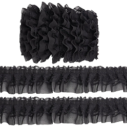 Black 5M Double-Layer Pleated Polyester Chiffon Lace Trim, for Costume Decoration, with 1Pc Display Cards, Black, 2 inch(50mm)