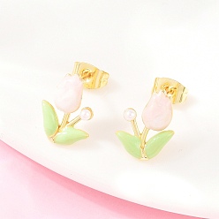 Зелено-Желтый Цветок латунь эмаль серьги стержня, с ABS имитации жемчуга, долговечный, без свинца и без кадмия, реальный 18 k позолоченный, зеленый желтый, 13x10 мм