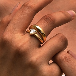 Золотой Кольцо-солитер из нержавеющей стали с микропаве из кубического циркония в форме сердца, двухслойные кольца для женщин, золотые, размер США 6 (16.5 мм)