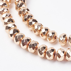 Светло-Золотое Покрытие Немагнитные синтетический гематит бисер пряди, граненые, рондель, свет позолоченные, 6x4 мм, отверстие : 0.5 мм, около 103 шт / нитка, 15.8 дюйм