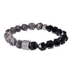 Камень Карты Эластичные браслеты из натурального камня «карта» и обсидиана для мужчин., многоугольник, с колонновидным валиком из нержавеющей стали, 7.09 дюйм (18 см) ~ 8.66 дюйм (22 см)