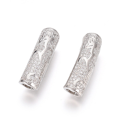 Platinum Brass Micro Pave Clear Cubic Zirconia Beads, Long-Lasting Plated, Tube Beads, Platinum, 26x7mm, Hole: 4.5mm