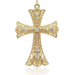 Хрусталь AB Золотой покрытием перекрестные сплава большие кулоны, со стразами, хрусталь AB, 72x49x5 мм, отверстие : 2 мм