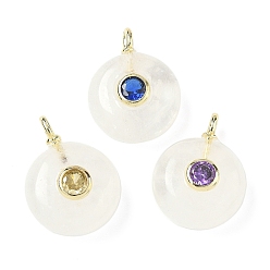 Хрусталь Плоские круглые подвески из натурального кварца, подвески из горного хрусталя с латунной микропаве кубическими цирконами, золотые, 18.5x14x8 мм, отверстие : 2x1 мм