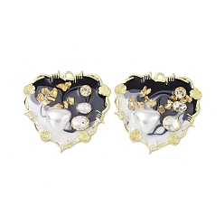 Black Rack Plating Alloy Enamel Pendants, with Resin, ABS Imitation Pearl Beads, Rhinestone and Glass Beads, Cadmium Free & Nickel Free & Lead Free, Heart, Black, 47x48.5x8mm, Hole: 2.5mm