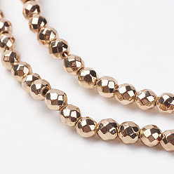 Light Gold Plated Non-magnetic Synthetic Hematite Bead Strands, Faceted, Round, Light Gold Plated, 3mm, Hole: 0.5mm, about 137pcs/strand, 15.3 inch