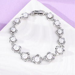 Платина Браслеты из латунных звеньев с цветочным узором, украшения из пластикового жемчуга для женщин, без кадмия и без свинца, долговечный, стойки покрытие, платина, 7-1/4 дюйм (18.5 см)