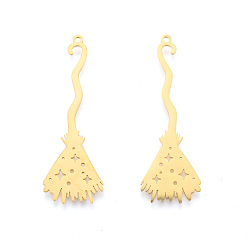 Настоящее золото 18K Хэллоуин 201 из нержавеющей стали подвески, лазерная резка, ведьма метла, реальный 18 k позолоченный, 48x16x1 мм, отверстие : 1.5 мм