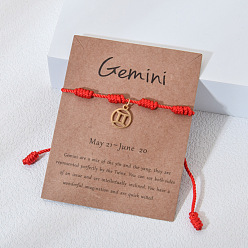 Близнецы 12 созвездия 304 плоские круглые браслеты из нержавеющей стали с подвесками, регулируемые браслеты из нейлонового шнура для мужчин и женщин, золотые, Близнецы, периметр: 7-1/8~9-1/8 дюйм (18~23 см)