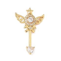 Настоящее золото 18K Латунные микропаве прозрачные подвески с фианитом, плоский круг со звездой и крылом волшебная палочка, реальный 18 k позолоченный, 27x17x3 мм, отверстие : 3x2 мм