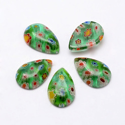 Green Handmade Millefiori Glass Cabochons, teardrop, Green, 15x10x4mm