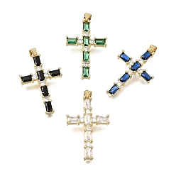 Mixed Color Brass Pave Cubic Zirconia Pendants, Cross with Rectangle Charms, Long-Lasting Plated, Cadmium Free & Lead Free, Real 18K Gold Plated, Mixed Color, 32.5x20.5x3.5mm, Hole: 4x3.5mm