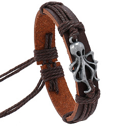 Кокосово-Коричневый Регулируемые браслеты из искусственной кожи, браслеты из сплава осьминога для мужчин, кокосового коричневый, внутренний диаметр: 2-1/8~2-3/4 дюйм (5.5~7 см)