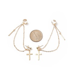 Golden Brass Hanging Chain Dangle Stud Earrings with Ear Cuff, 304 Stainless Steel Cross Drop Earrings for Women, Golden, 80mm, Pin: 0.8mm