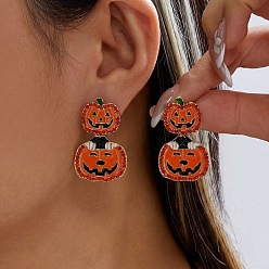 Chocolate Halloween Alloy & Rhinestone & Enamel Stud Earrings, Pumpkin, Golden, Chocolate, 37x23mm