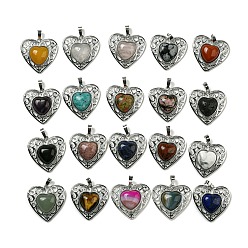 Mixed Stone Natural & Synthetic  Mixed Gemstone Peach Love Heart Pendants, Rack Plating Brass Hollow Heart Charms, Cadmium Free & Lead Free, Mixed Dyed and Undyed, 29.5x30.5x7.5mm, Hole: 7.5x5mm