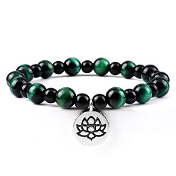 Тигровый глаз Браслеты с подвесками из круглых бусин из натурального зеленого тигрового глаза для йоги, плоские круглые браслеты с подвесками в виде лотоса для мужчин и женщин, с черным агатом