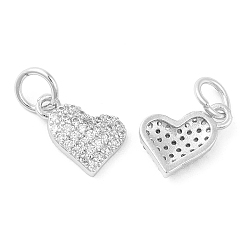 Platinum Rack Plating Brass Micro Pave Clear Cubic Zirconia Charms, with Jump Ring, Long-Lasting Plated, Lead Free & Cadmium Free, Heart Charm, Platinum, 8x11.5x2.5mm, Hole: 4mm