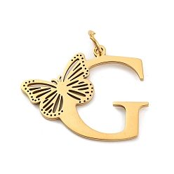 Letter G Ионное покрытие (ip) 201 подвески из нержавеющей стали, письмо с подвесками-бабочками, золотые, Буква G, 27x34x1.5 мм, Кольцо: 7x1 mm, отверстие : 5 мм