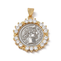 Platinum & Golden Brass Micro Pave Clear Cubic Zirconia Pendants, Flat Round with Roman Coin Charms, Long-Lasting Plated, Rack Plating, Lead Free & Cadmium Free, Platinum & Golden, 26x23x3mm, Hole: 5x3mm