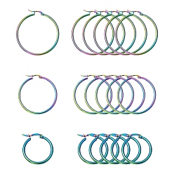 Rainbow Color 3 пары 3 размер 304 серьги-кольца из нержавеющей стали, радужные гипоаллергенные серьги для женщин, Радуга цветов, 12 датчик, 24~46x2 мм, штифты : 0.7x1 мм, 1 пара / стиль