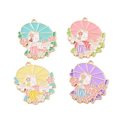 (52) Непрозрачная лаванда Подвески из эмали и сплава, золотые, кошка с зонтиком, разноцветные, 32.5x28x1.5 мм, отверстие : 2 мм