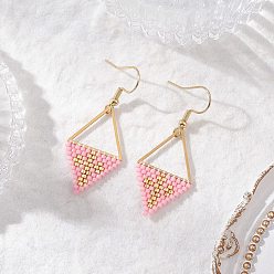 Персиковый Слойка Серьги-подвески из ромбовидного бисера ручной работы, с 304 нержавеющей стали серьги крючки, ромб, золотые, розовые, 47x19 мм