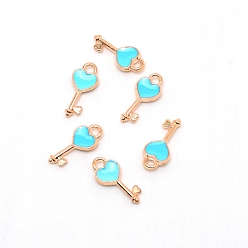 Light Gold Alloy Enamel Pendants, Key with Heart, Blue, Light Gold, 16x7x2.5mm, Hole: 1.8mm