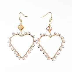 PeachPuff Faceted Glass Dangle Earrings, with Real 18K Gold Plated Brass Pendants and Earring Hooks, with Cardboard Packing Box, Heart, PeachPuff, 58mm, Pin: 0.8mm
