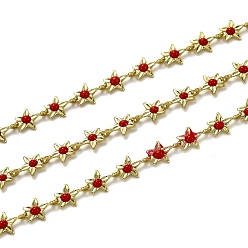 Red Brass Link Chains, with Enamel, Spool, Long-Lasting Plated, Unwelded, Star, Golden, Red, Link: 9x6.1x1.5mm