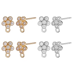 Платиновый & Золотой 4 пары 2 цвета стойки покрытие латунь микро паве кубический цирконий серьги-гвоздики выводы, со 925 стержнями из стерлингового серебра и горизонтальными петлями, цветок, без кадмия и без свинца, платиной и золотом, 8x6.5 мм, отверстие : 1 мм, штифты : 0.7 мм, 2 пары / цвет