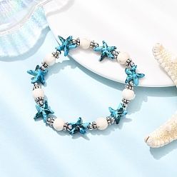 Синий Браслеты из синтетической бирюзы и латунных бусин в форме морской звезды, синие, внутренний диаметр: 2-1/4 дюйм (5.6 см)