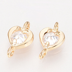 Real 18K Gold Plated Brass Cubic Zirconia Links, Heart, Clear, Nickel Free, Real 18K Gold Plated, 9x5x2mm, Hole: 1mm