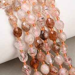 Rutilated Quartz Natural Rutilated Quartz Beads Strands, Round, Faceted, with Seed Beads, 8~9x7~8mm, Hole: 1mm, about 18~20pcs/strand, 7.48''(19cm)~7.87''(20cm)
