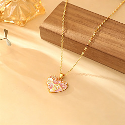 Heart Brass Pave Clear Cubic Zirconia Enamel Textured Pendant Necklaces for Women, Golden, Pink, Heart, 15.75 inch(40cm), Pendant: 20x18mm