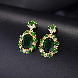 Green Brass Micro Pave Cubic Zirconia Oval Stud Dangle Earrings for Women, Golden, Green, 31x16.4mm