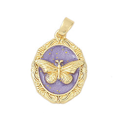 Лиловый Латунь эмаль подвески, овал с подвесками в виде бабочек, стойки покрытие, прочное покрытие, без кадмия и без свинца, реальный 18 k позолоченный, сирень, 19.5x14x2.5 мм, отверстие : 3.5x3 мм