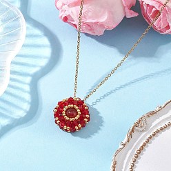 Красный Агат Кулон из натурального сердолика (окрашенного и нагретого) и стеклянных бусин с плоским круглым сечением 304 ожерелья из нержавеющей стали с цепочкой, золотые, 17.60 дюйм (44.7 см)