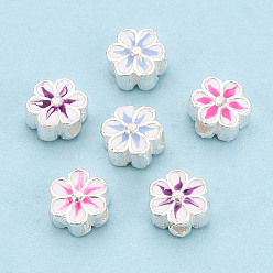 (52) Непрозрачная лаванда 925 бусины из стерлингового серебра с эмалью, цветок, серебряный цвет гальваническим, разноцветные, 6x6x3 мм, отверстие : 1.2 мм