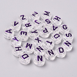 Сине-фиолетовый Прозрачные прозрачные акриловые бусины, с блеском порошок, горизонтальное отверстие, плоский раунд со случайными буквами, синий фиолетовый, 10x6 мм, отверстие : 2 мм, Около 1560 шт / 500 г