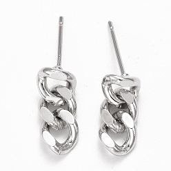 Real Platinum Plated Brass Cuban Link Chain Shape Dangle Stud Earrings, Drop Earrings for Women, Cadmium Free & Lead Free, Real Platinum Plated, 14x6x2mm, Pin: 0.8mm