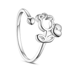 Platinum 925 Sterling Silver Finger Ring, Flower and Leaves, Size 8, Platinum, 18mm