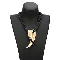 Golden Alloy Twisted Horn Pendant Multi-strand Black Waxed Cord Necklaces for Women, Golden, 19.69 inch(50cm)