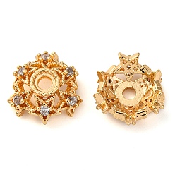 Настоящее золото 18K Колпачки для бусин из прозрачного кубического циркония из латуни, без кадмия, без никеля и без свинца, цветок, реальный 18 k позолоченный, 11x11x4 мм, отверстие : 1.8 мм